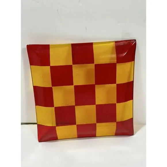 Art glass Plate Chess checked Red & Yellow 10” Square Dish